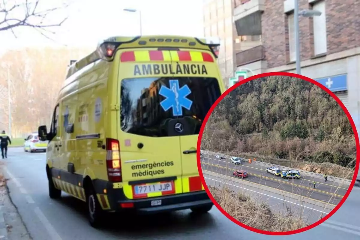 Muntatge amb la imatge d'una ambulància circulant per la carretera ia la dreta, dins d'un cercle, imatge de la zona de l'accident referenciat a la notícia amb diversos equips de diferents equips d'emergències intervenint