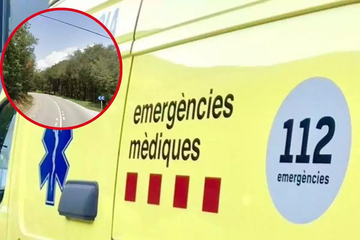 Una ambulància groga amb la inscripció "emergències mèdiques" i el número d'emergència 112, amb una imatge circular inserida que mostra una carretera envoltada d'arbres.