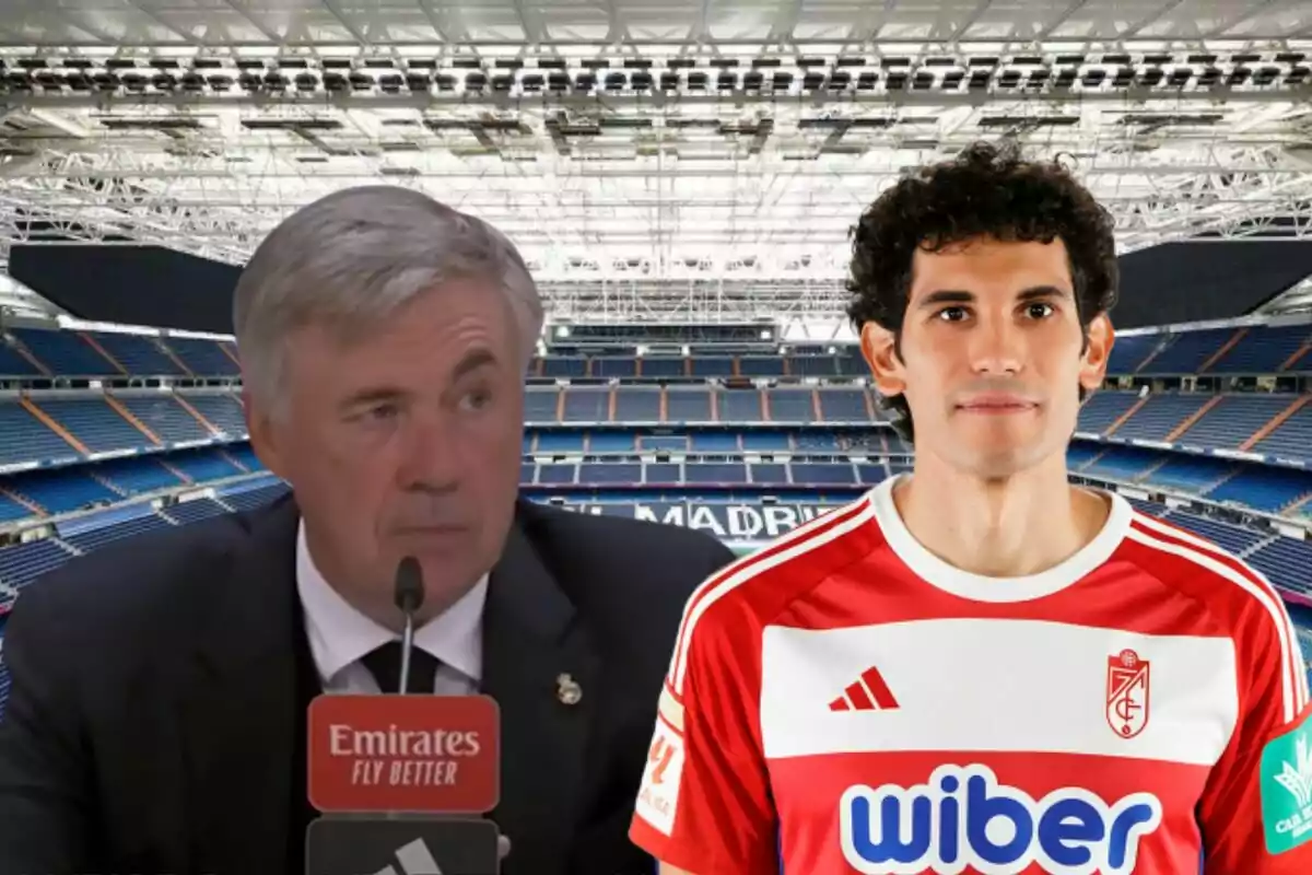 Un entrenador de fútbol en una conferencia de prensa y un jugador con la camiseta del Granada CF en un estadio.