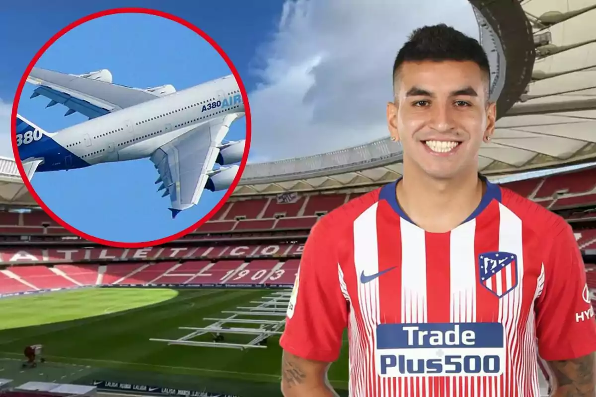 Un jugador de futbol amb la samarreta de l?Atlètic de Madrid somriu davant d?un estadi, mentre que en un cercle vermell es mostra un avió Airbus A380 en vol.