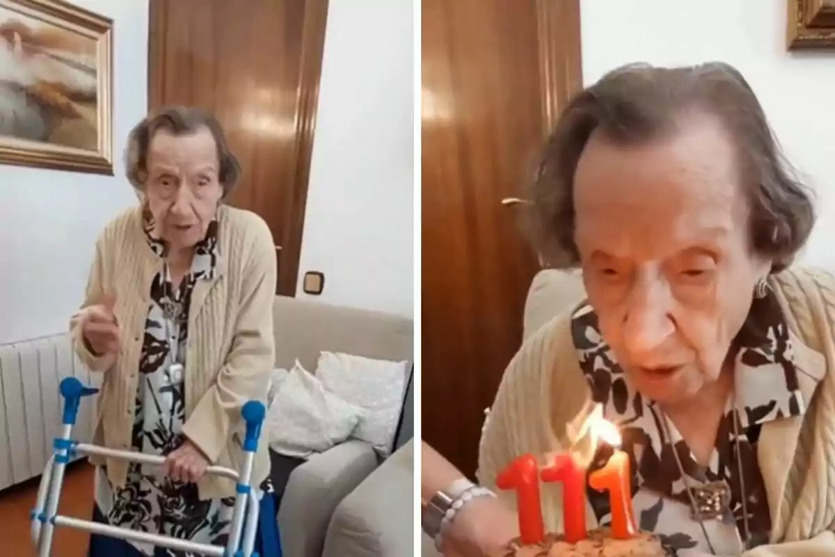 Una mujer mayor con un andador y una mujer mayor soplando las velas de un pastel de cumpleaños con el número 111.