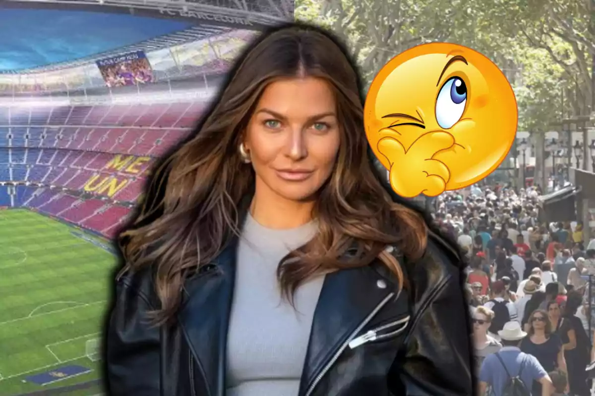 Dona de cabell llarg i castany amb jaqueta de cuir davant d’un estadi de futbol i una multitud, acompanyada d’un emoji pensatiu
