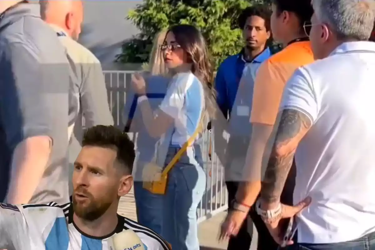 Muntatge amb una imatge d'Antonela Roccuzzo intentant accedir a un estadi de futbol. A l'esquerra una imatge amb Leo Messi durant una entrevista