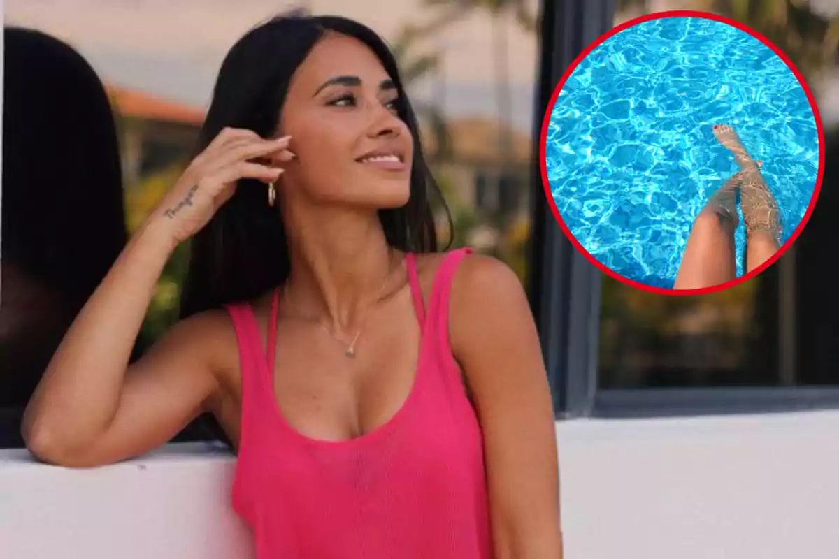 Muntatge amb una imatge d'Antonela Roccuzzo, del perfil d'Instagram. A la dreta, una imatge amb les cames d'una dona en una piscina