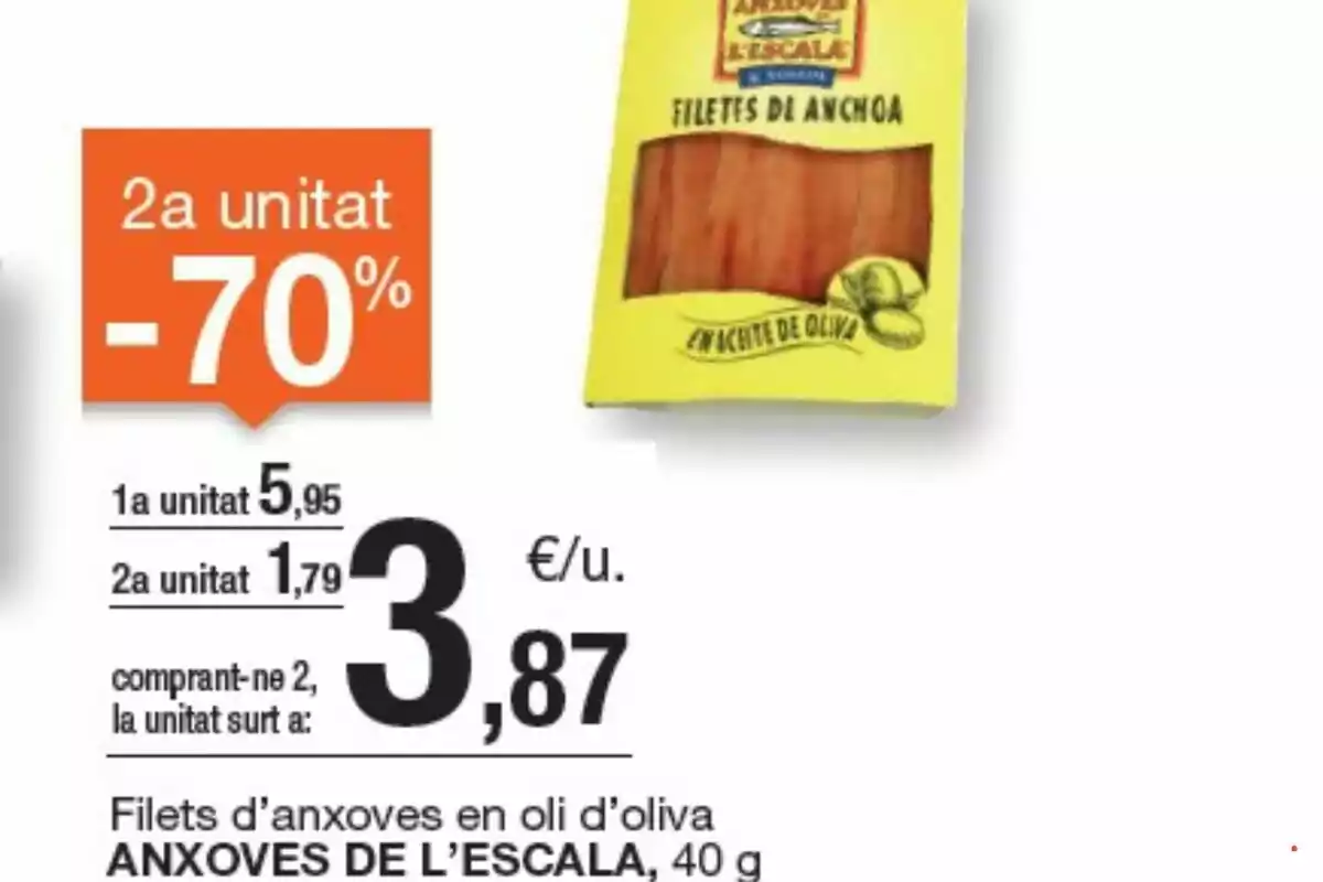Oferta de filets d’anxova en oli d’oliva Anxoves de l’Escala 40 grams amb la segona unitat al 70% de descompte i preu final per unitat de 3,87 euros en comprar-ne dues Oferta de filets d’anxova en oli d’oliva Anxoves de l’Escala 40 grams amb la segona unitat al 70% de descompte i preu final per unitat de 3,87 euros en comprar-ne dues