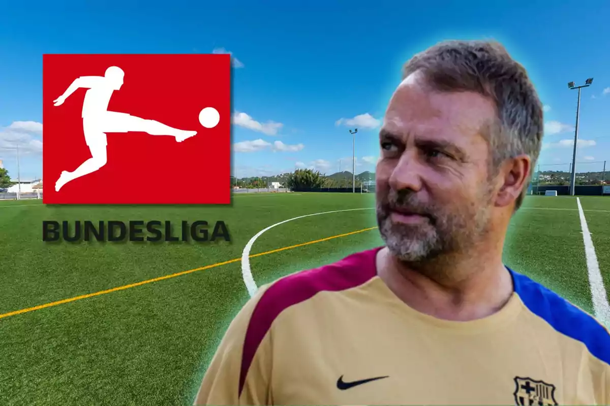 Un home amb una samarreta de futbol, un camp de futbol i el logotip de la Bundesliga.