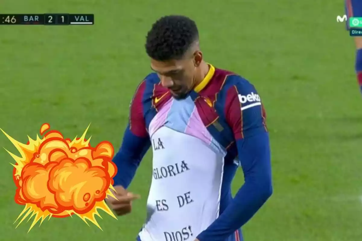 Muntatge amb una imatge de Ronald Araujo durant un partit amb el FC Barcelona. A la part inferior esquerra, dibuix d'una explosió
