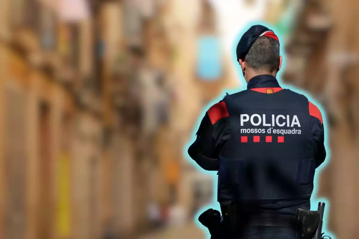 Un agent de policia d?esquena amb uniforme dels Mossos d?Esquadra en un carrer desenfocat.