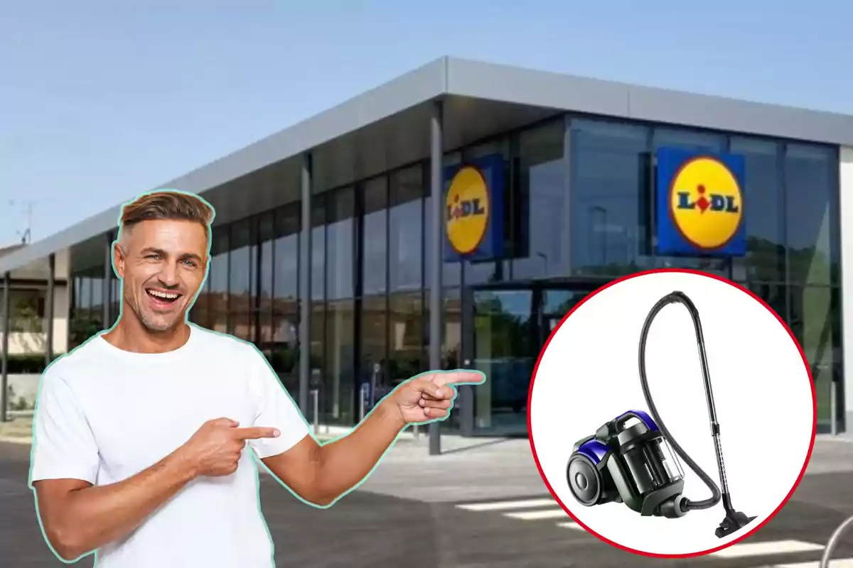 Hombre sonriendo y señalando una aspiradora frente a una tienda Lidl.