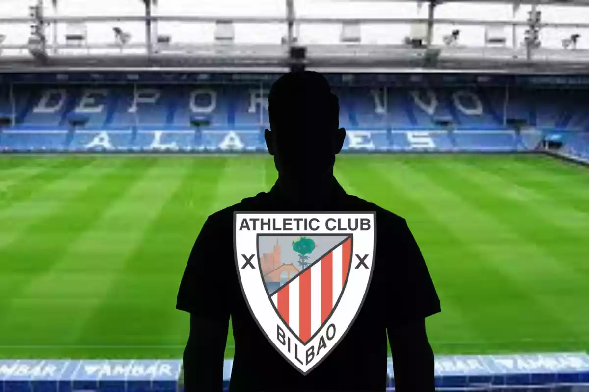 Muntatge amb l'estadi de Mendizaroza i una figura negra al centre amb l'escut de l'Athletic Club de Bilbao