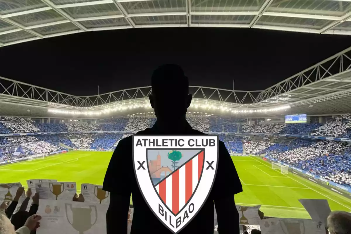 Muntatge amb el Reale Arena de Sant Sebastià i una ombra negra al centre amb l'escut de l'Athletic Club de Bilbao