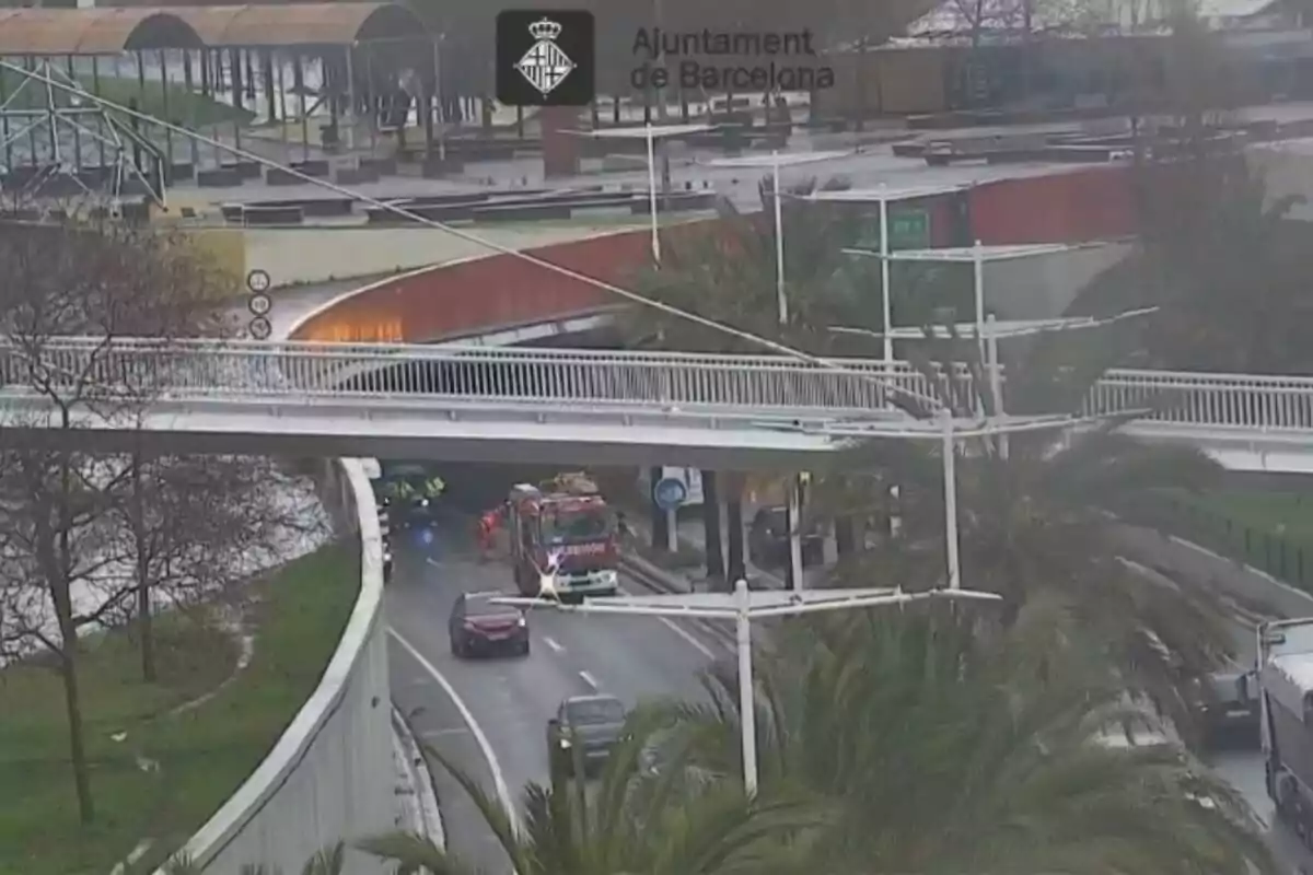 Un camión de bomberos y varios vehículos se encuentran en una carretera bajo un puente en Barcelona, con palmeras y estructuras urbanas alrededor.