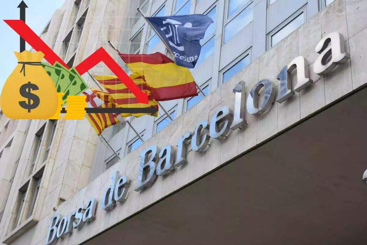 Muntatge amb una imatge de l'exterior de la Borsa de Barcelona ia la cantonada superior esquerra, un dibuix amb diners i una fletxa descendent
