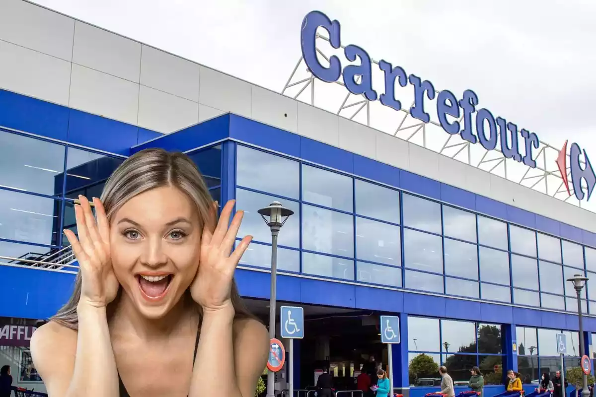 Façana supermercat Carrefour amb una noia contenta