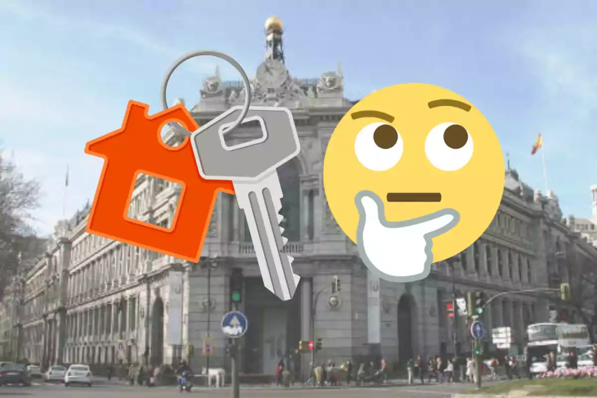 Edifici històric amb un clauer de casa i una clau al costat d’un emoji pensatiu superposats a la imatge