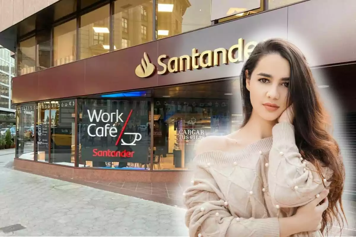 Una dona de cabell llarg i solt posa davant d'un cafè de la marca Santander.