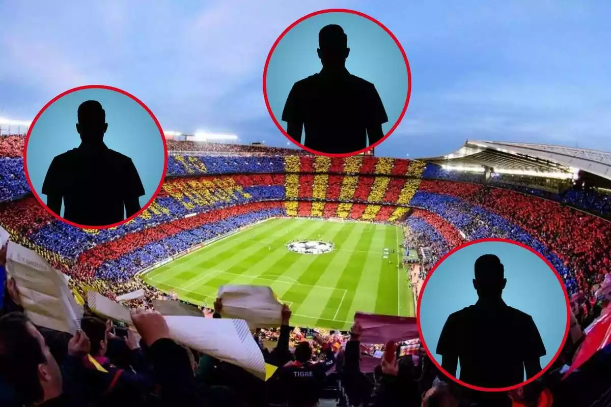 Muntatge amb una imatge del Camp Nou ple. A diverses parts de la foto i dins d'un cercle, 3 ombres negres d'home