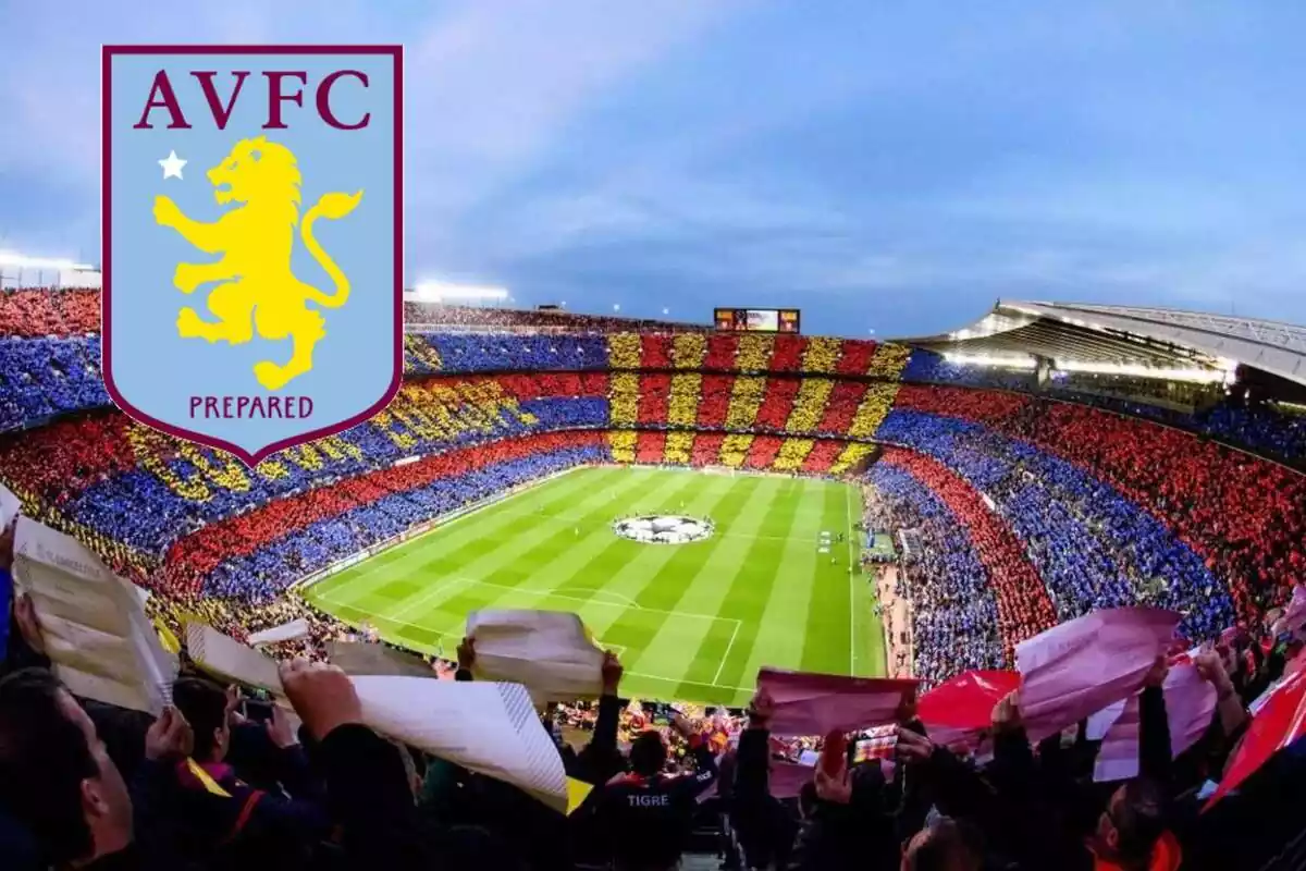 Muntatge amb imatge del Camp Nou ia la cantonada lateral esquerra l'escut de l'Aston Villa