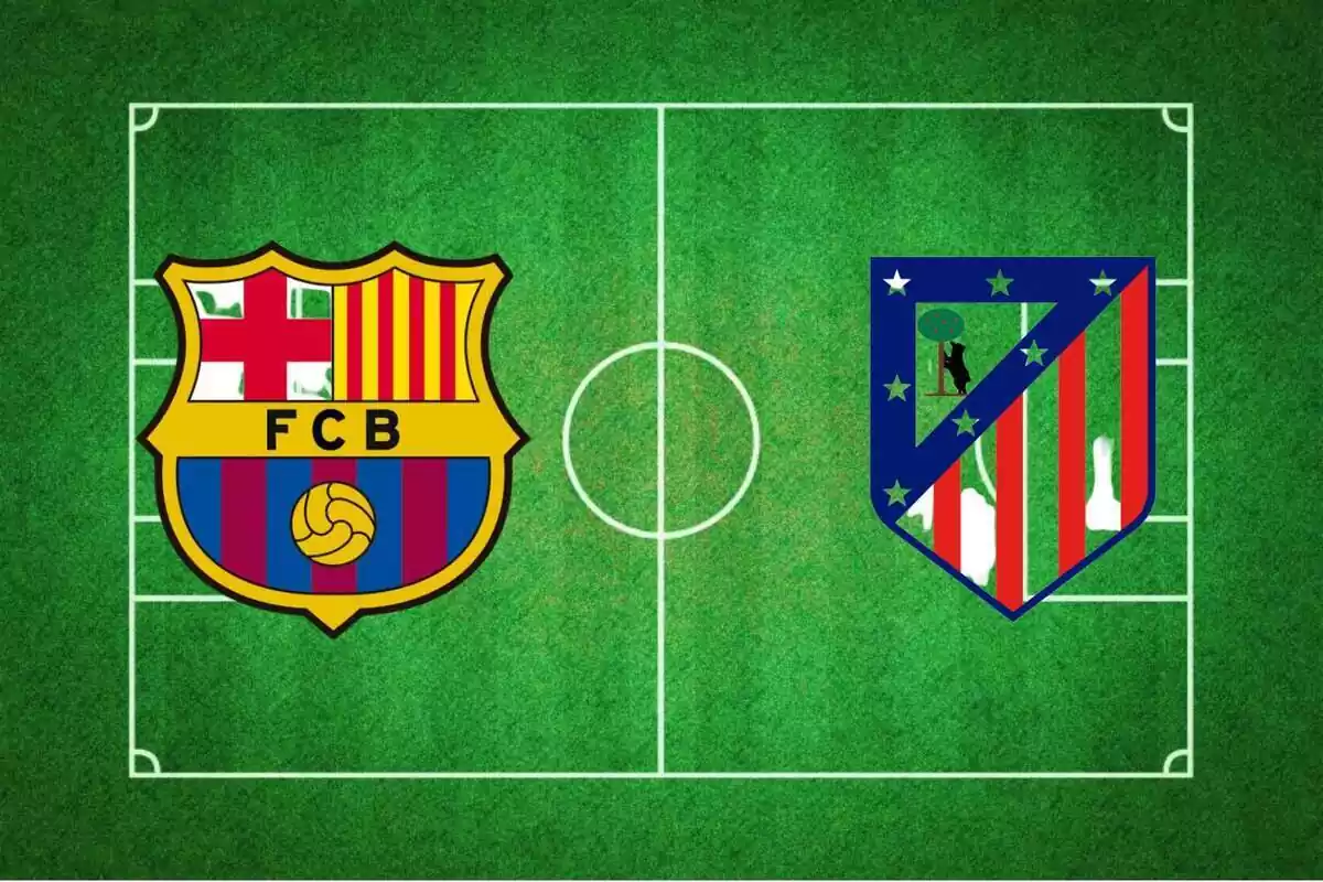 Muntatge d´un camp de futbol amb els escuts del Barça i l´Atlètic de Madrid