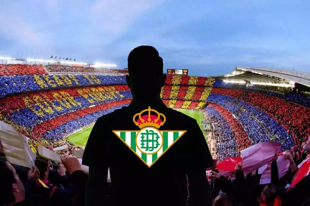 Muntatge amb una imatge del Camp Nou ple de públic, de fons. En primer terme, una ombra negra d'home i dins l'ombra, l'escut del Real Betis