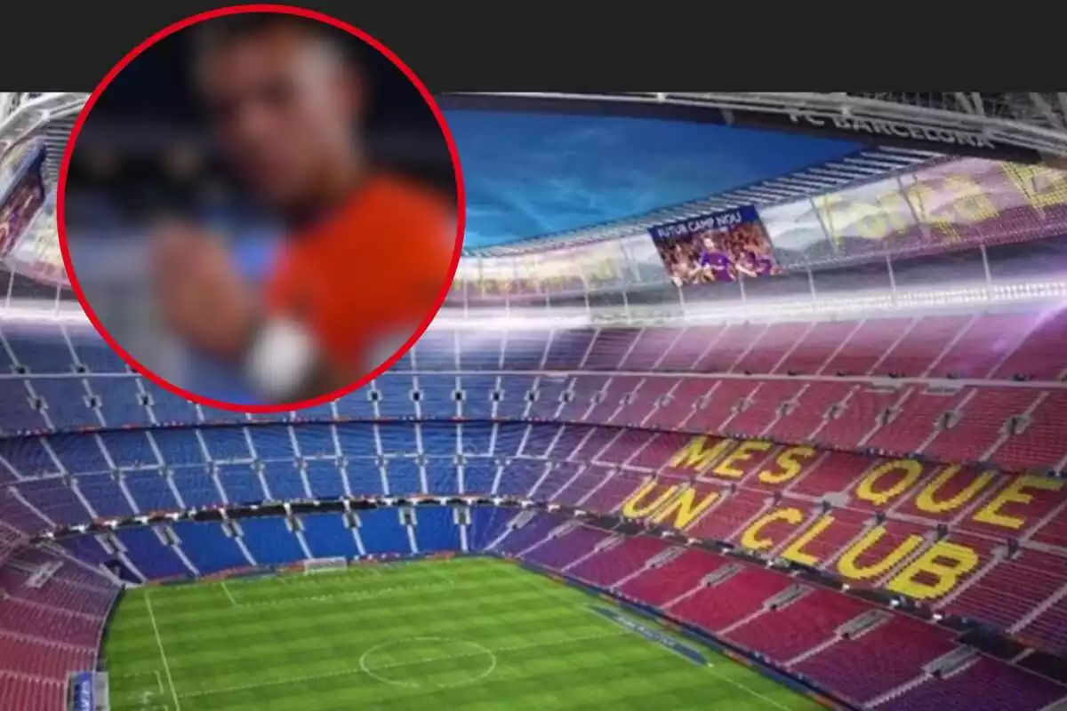 Muntatge amb una imatge del Camp Nou ia la cantonada superior esquerra, dins d'un cercle i difuminat, el futbolista referenciat a la notícia