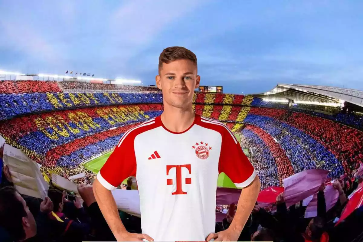 Muntatge amb la foto del Camp Nou i la figura del jugador del Bayern Munic Joshua Kimmich al centre