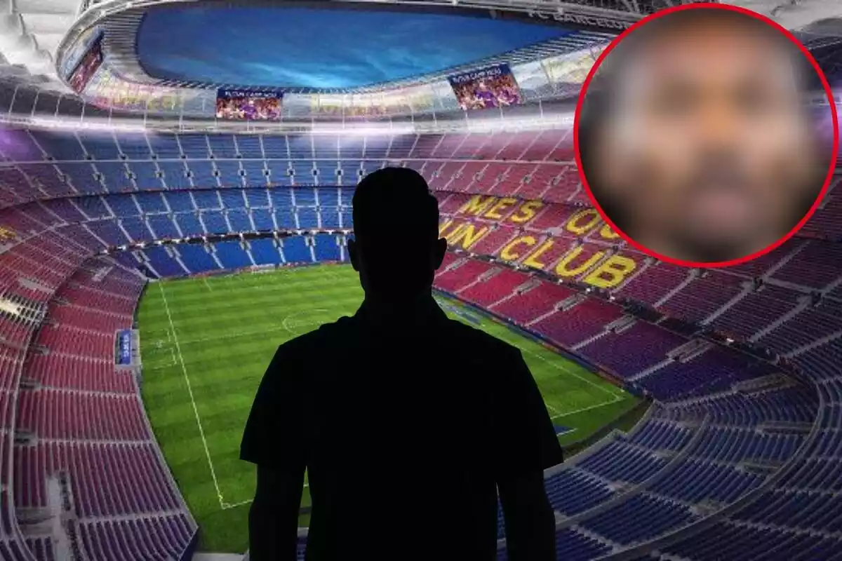 Muntatge amb el Camp Nou, una ombra negra al centre i un cercle difuminat a la part superior esquerra