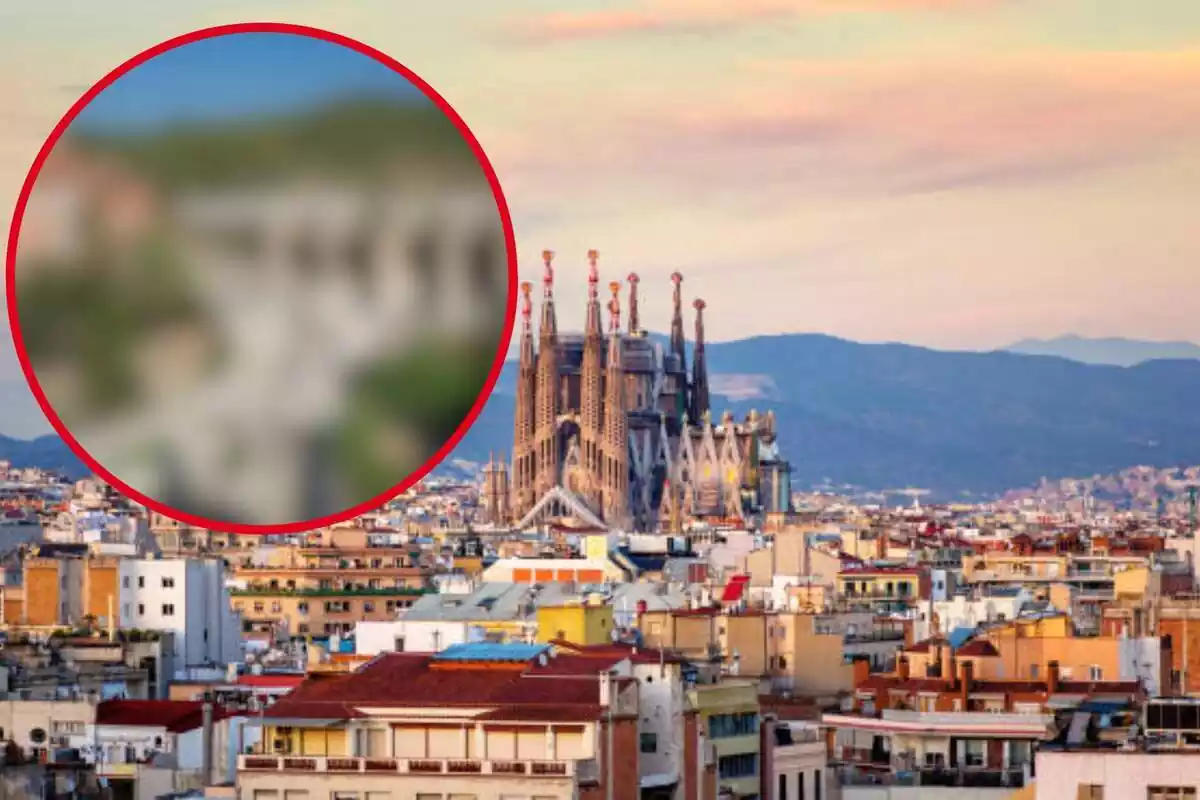 Muntatge amb una imatge de la ciutat de Barcelona, destacant la Sagrada Família. A la cantonada superior esquerra, dins d'un cercle i difuminat, el racó turístic de què parla la notícia