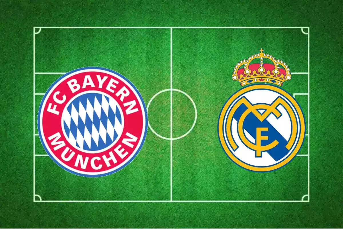 Muntatge amb imatge d'un camp de futbol dibuixat. A l'esquerra, com a equip local, l'escut del Bayern. A la dreta, com a equip visitant, l'escut del Reial Madrid