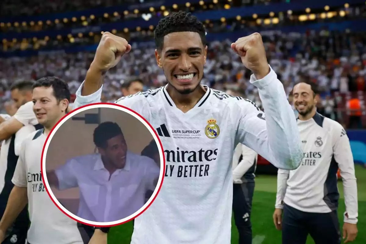 Un jugador de fútbol del Real Madrid celebra con los puños en alto mientras sonríe, con un recuadro que muestra a la misma persona celebrando en otra ocasión.