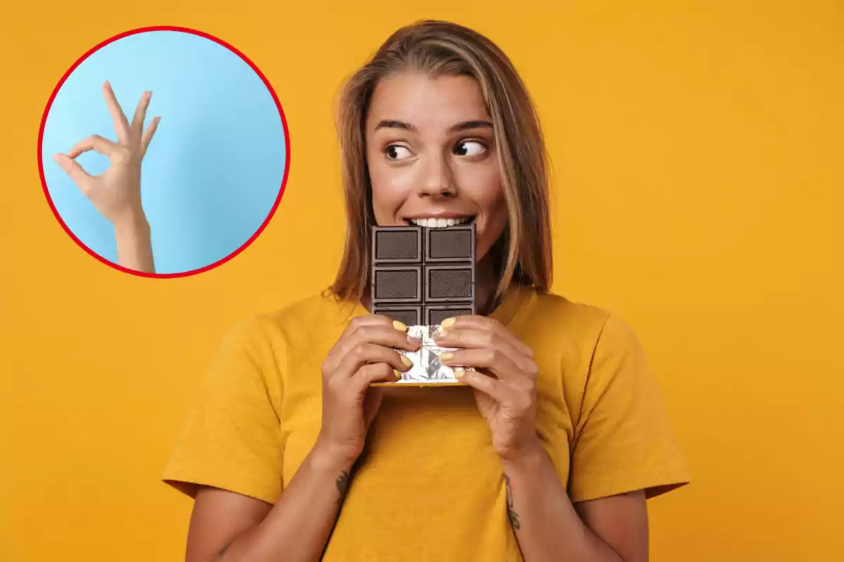 Muntatge amb una imatge duna dona menjant xocolata. A l'esquerra una imatge amb la mà d'una dona donant conformitat