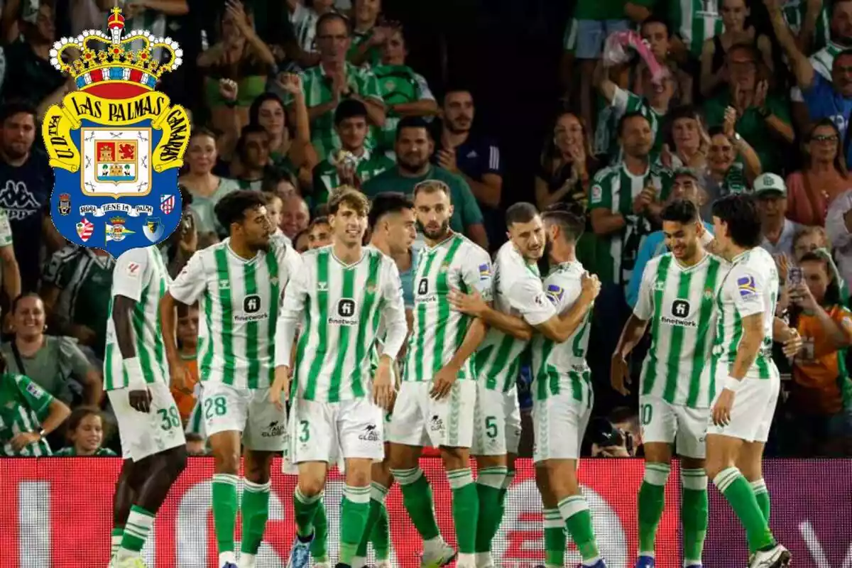 Muntatge amb una imatge de futbolistes del Real Betis celebrant un gol ia la cantonada superior esquerra, l'escut de la UD Las Palmas