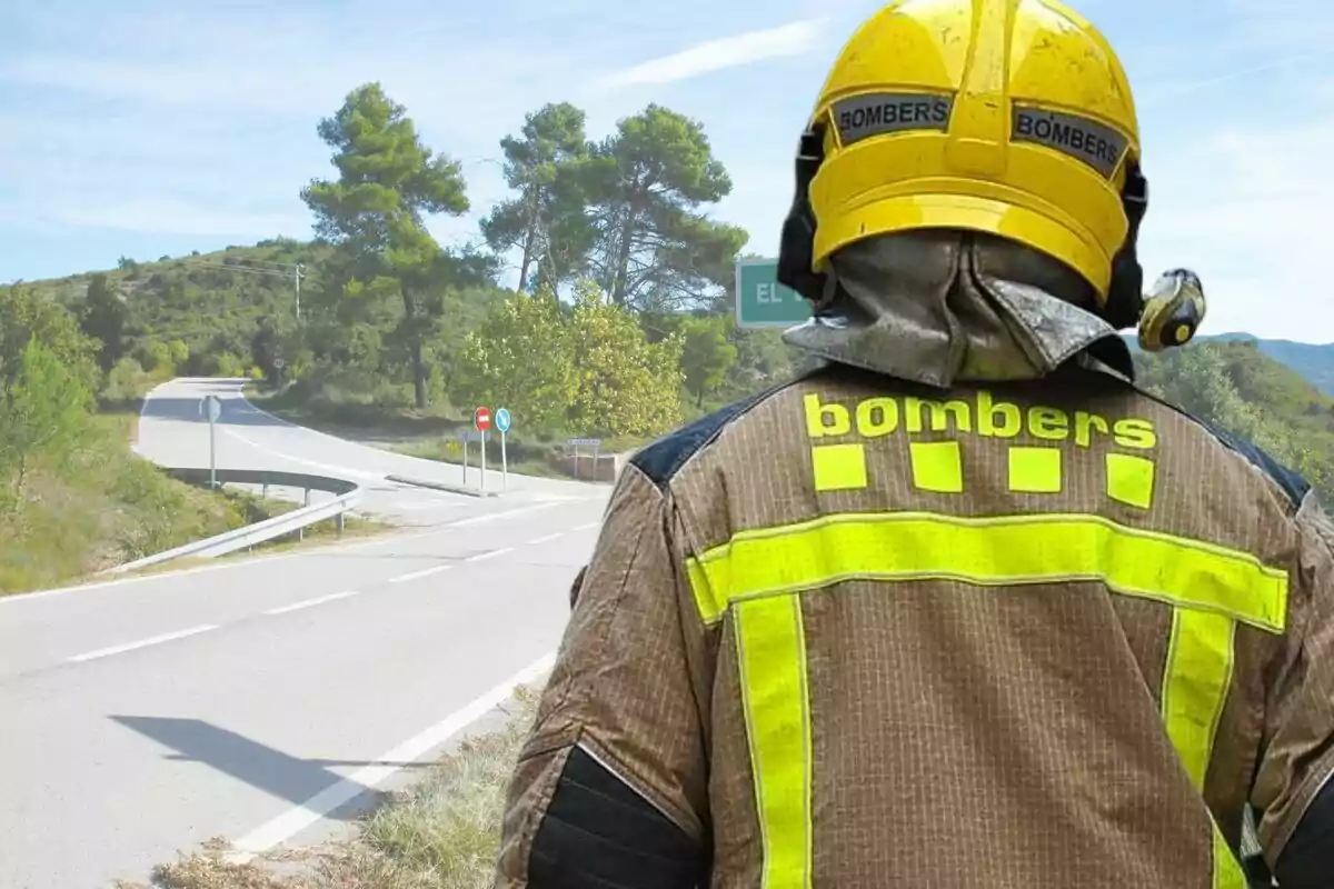 Bombero con uniforme amarillo y marrón de espaldas en una carretera rural rodeada de árboles y señales de tráfico.