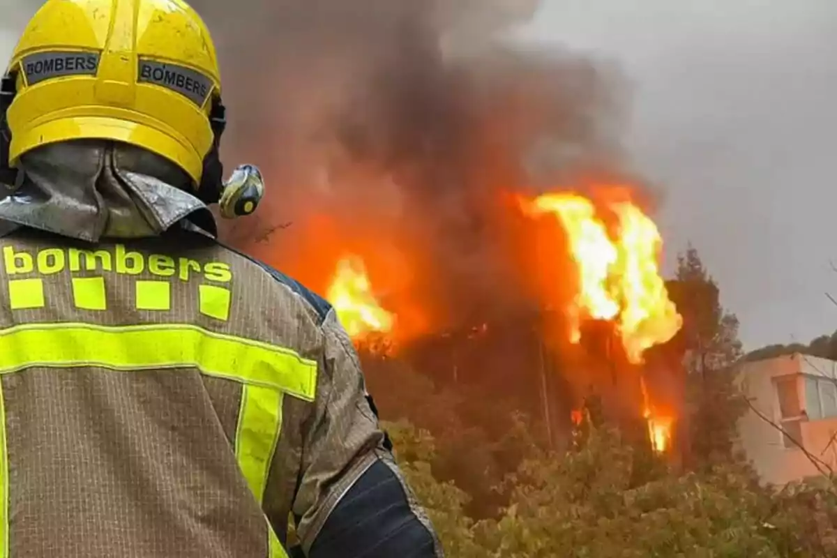 Bombero de espaldas observando un incendio con grandes llamas y humo denso.