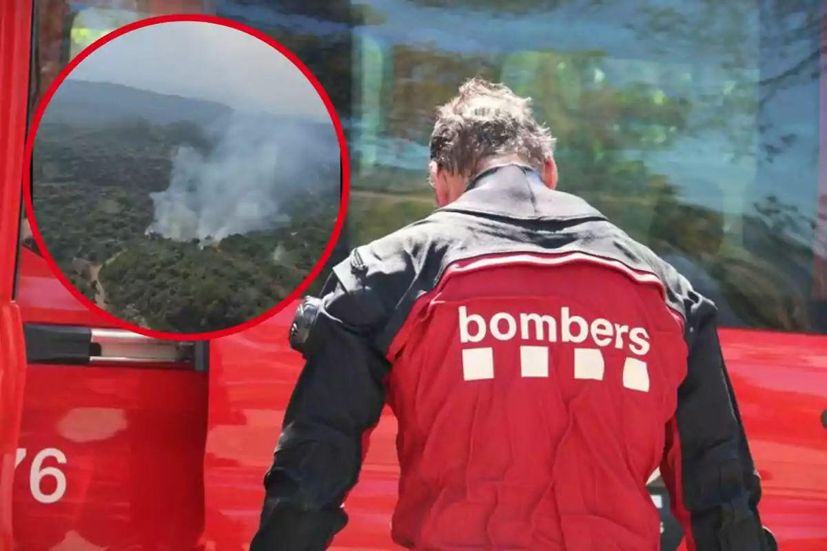Un bomber d’esquena al costat d’un camió vermell mentre en un requadre s’observa un incendi forestal amb fum sortint entre els arbres