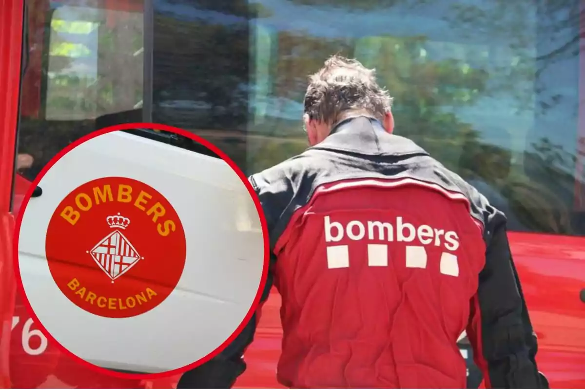 Un bombero de espaldas con un uniforme rojo y negro que dice "bombers" junto a un emblema circular rojo con el texto "BOMBERS BARCELONA".