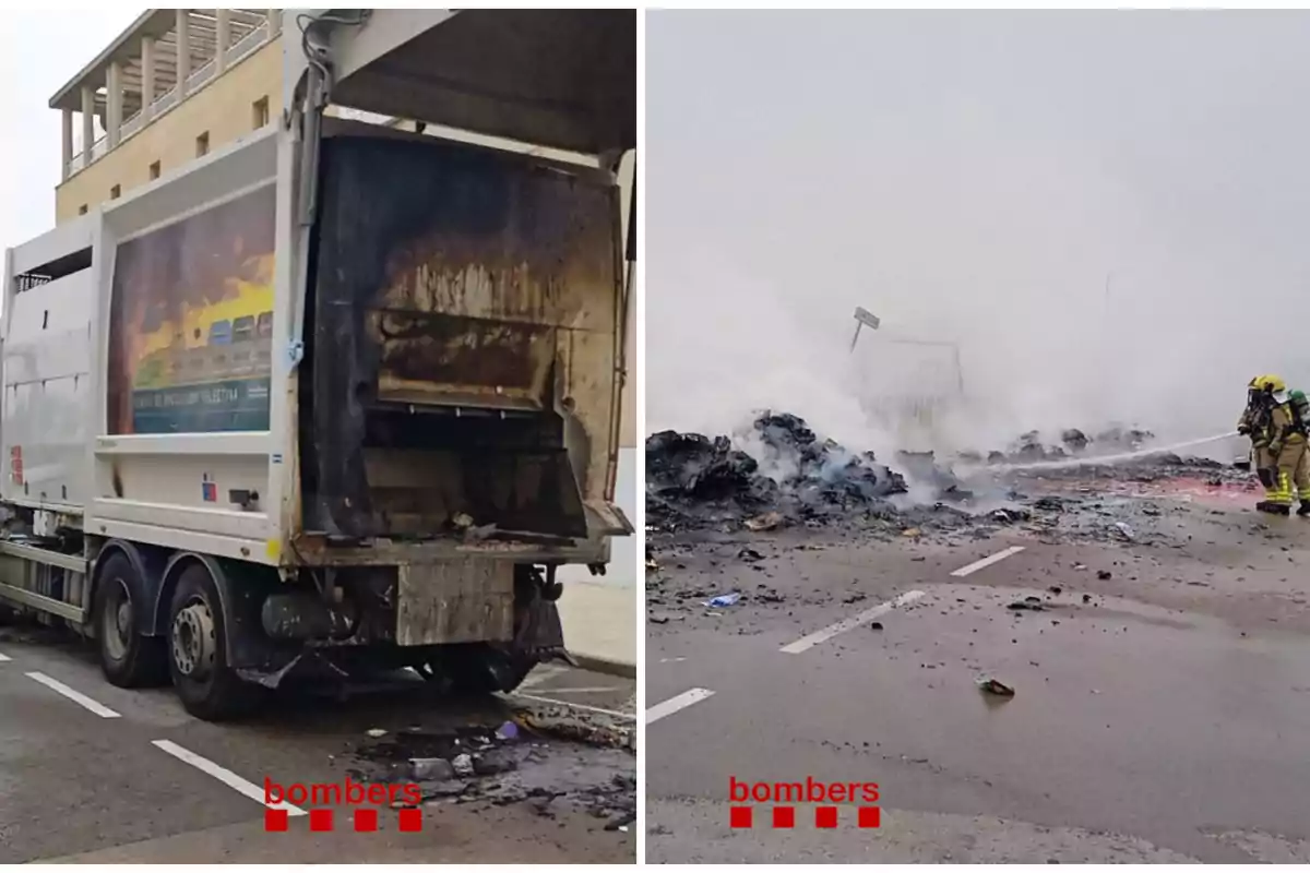 Un camión de basura quemado junto a un bombero apagando el fuego en la carretera.