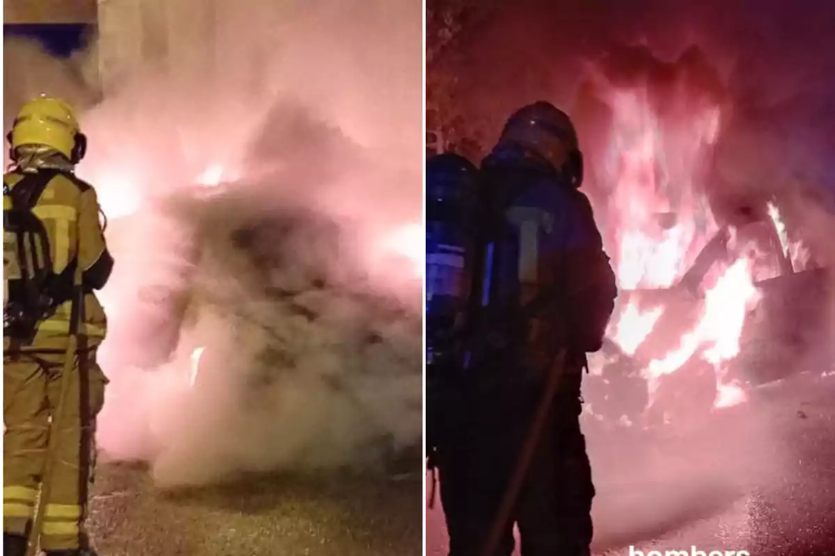 Bomberos combatiendo un incendio en la noche con humo y llamas intensas.