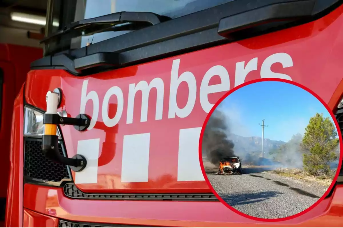 Un camión de bomberos con la palabra "bombers" en el frente y un recuadro que muestra un coche en llamas en un camino rural.