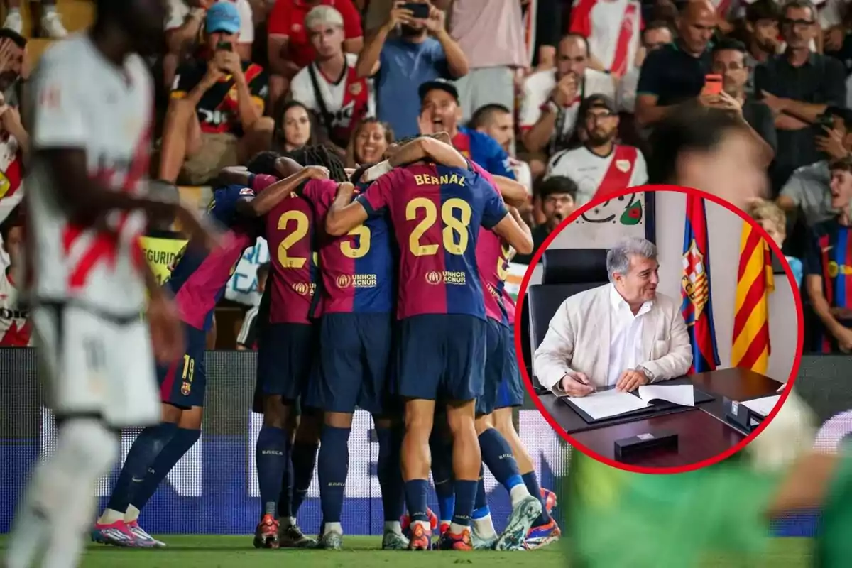 Jugadores de un equipo de fútbol celebran un gol abrazándose en el campo mientras los aficionados los observan desde las gradas; en un recuadro, un hombre firma documentos en una oficina.