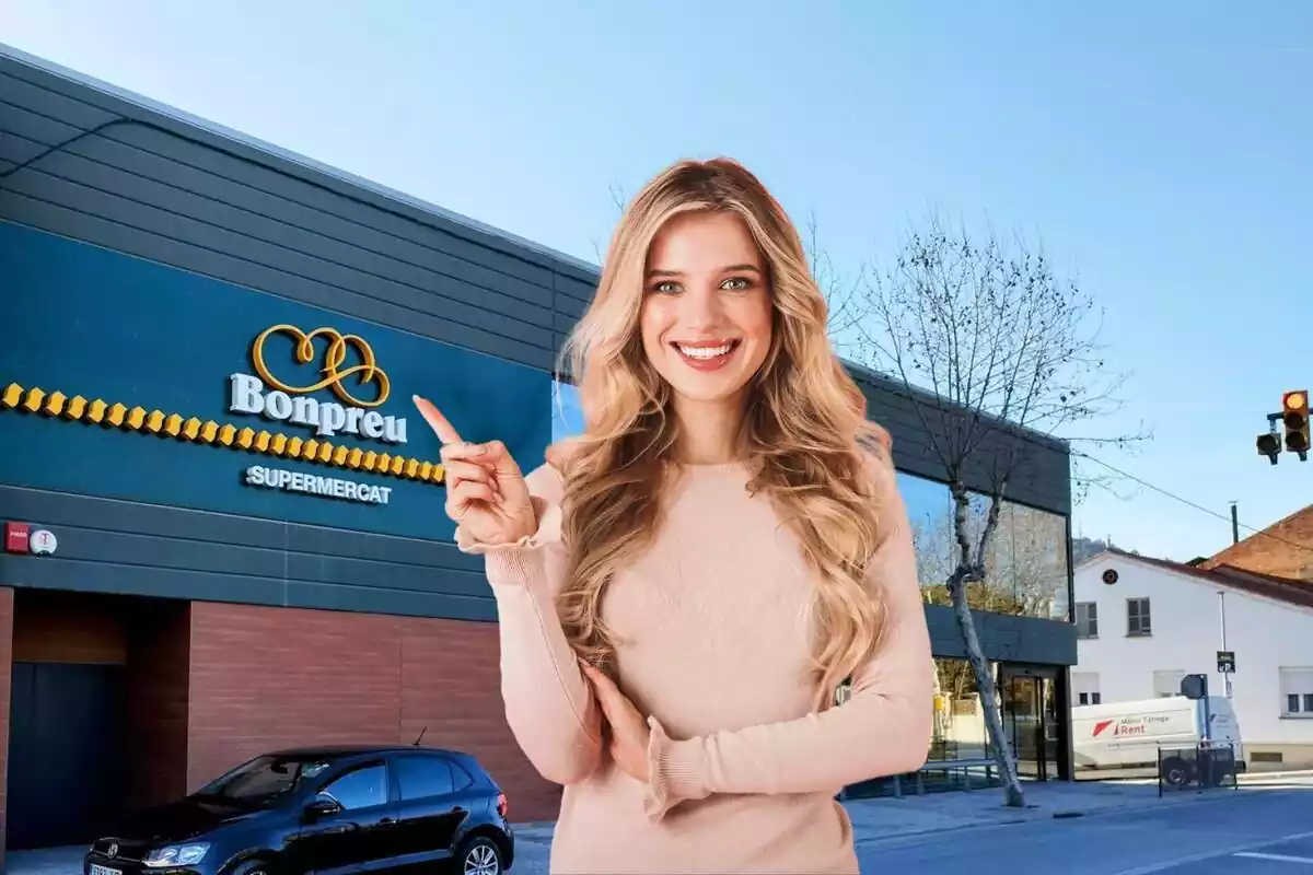 Muntatge amb una noia assenyalant el nom Bonpreu en un establiment d'aquesta cadena de supermercats