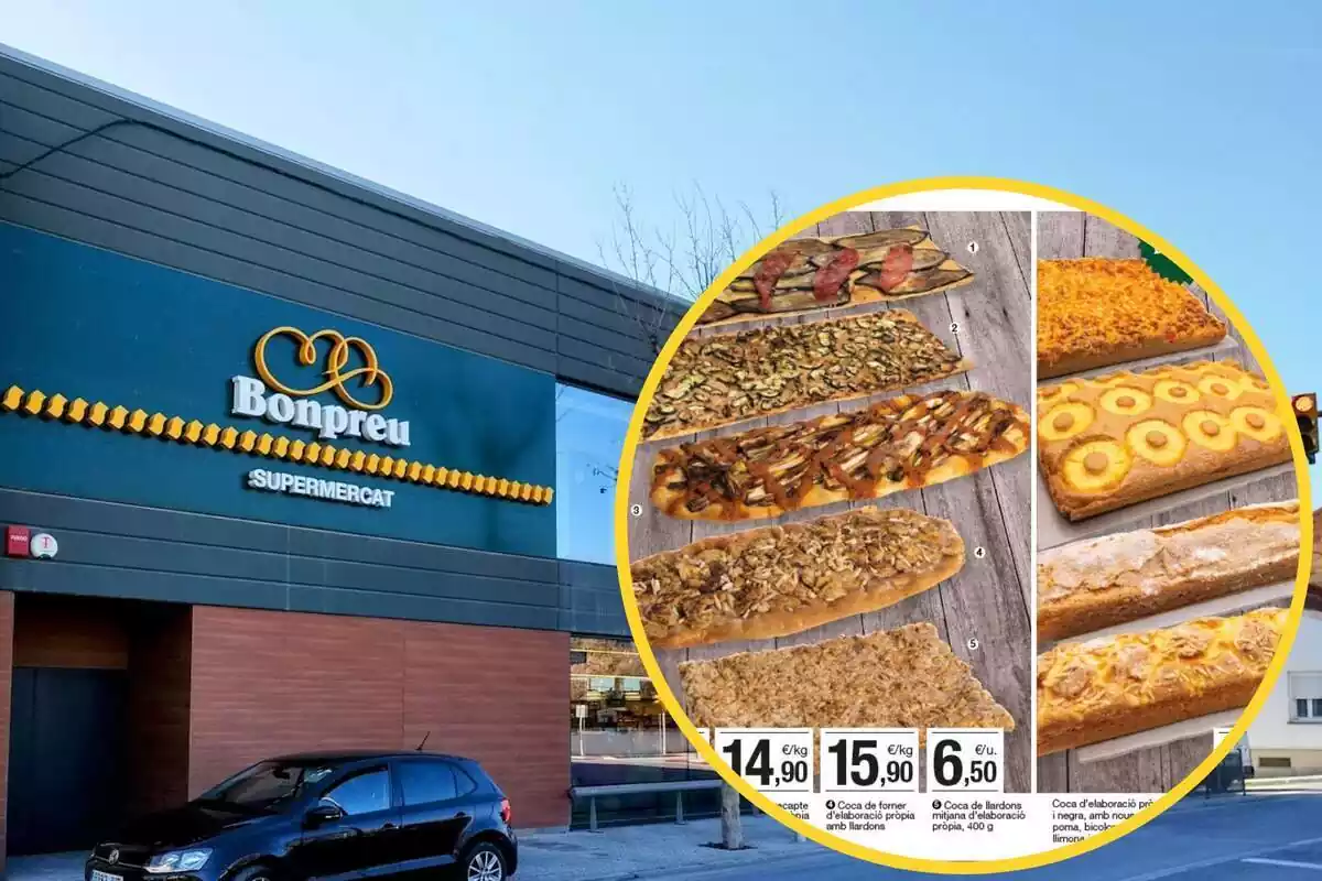 Muntatge amb una imatge de l'exterior d'un supermercat Bonpreu ia la dreta, dins d'un cercle, la promoció de coques referenciada a la notícia