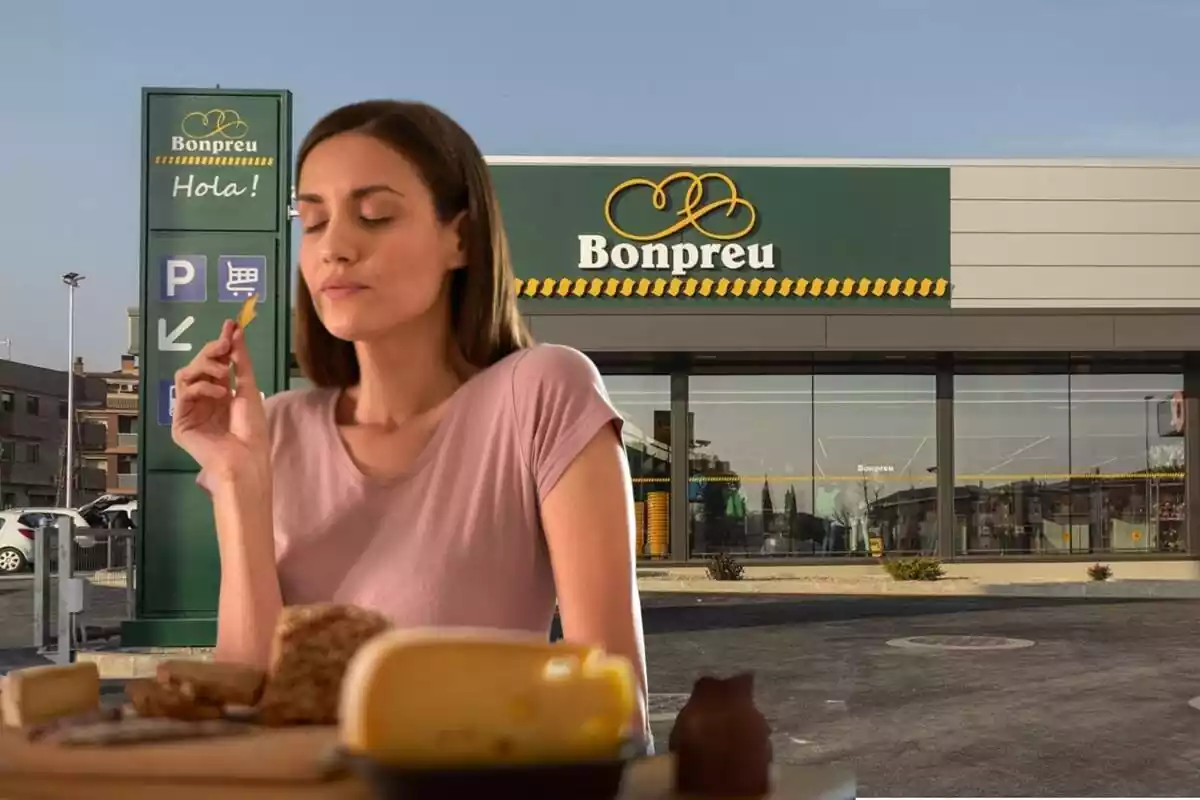 Muntatge amb una imatge duna noia menjant formatge. De fons, l´exterior d´un establiment Bonpreu