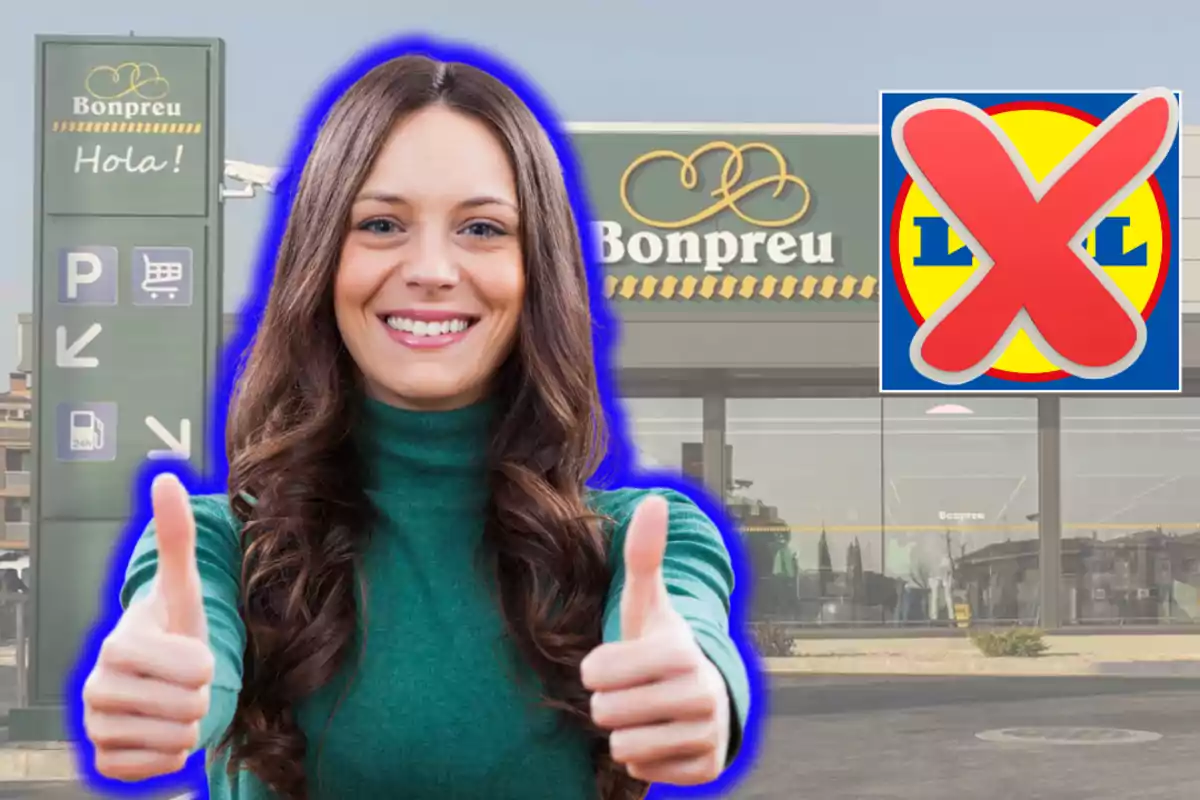 Una dona somrient amb els polzes cap amunt davant d'un supermercat Bonpreu, amb un logotip de Lidl ratllat a la cantonada superior dreta.