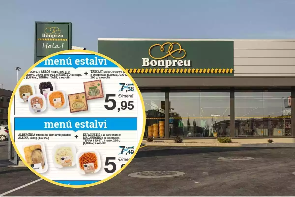 Muntatge amb una imatge de l'exterior d'un establiment Bonpreu ia l'esquerra, dins d'un cercle, els menús estalvis referenciats a la notícia