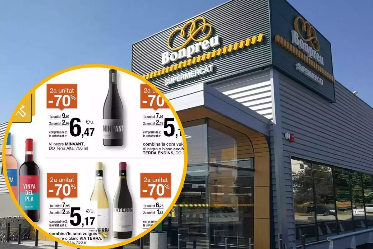 Muntatge amb una imatge d'un establiment Bonpreu ia l'esquerra l'oferta de vins referenciada a la notícia