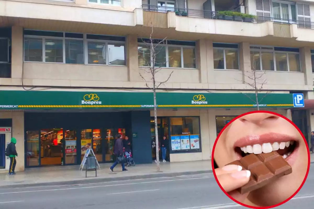 Montaje con un establecimiento de Bonpreu y Esclat. A la derecha una imagen con una mujer comiendo chocolate