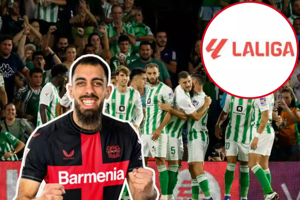 Montage amb l'equip del Real Betis celebrant un gol, Borja Iglesias a l'esquerra i un cercle amb el logotip de LaLiga a dalt a la dreta