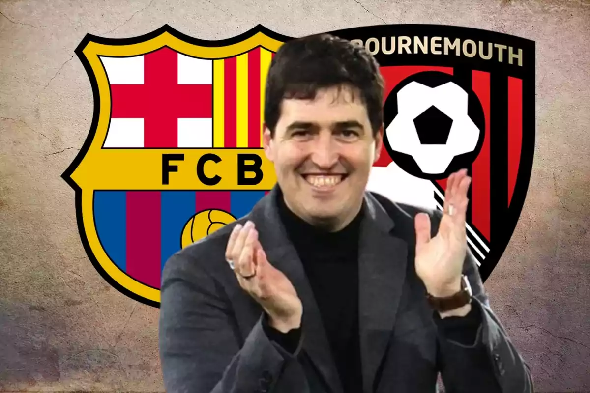 Andoni Iraola i els escuts de Barça i Bournemouth