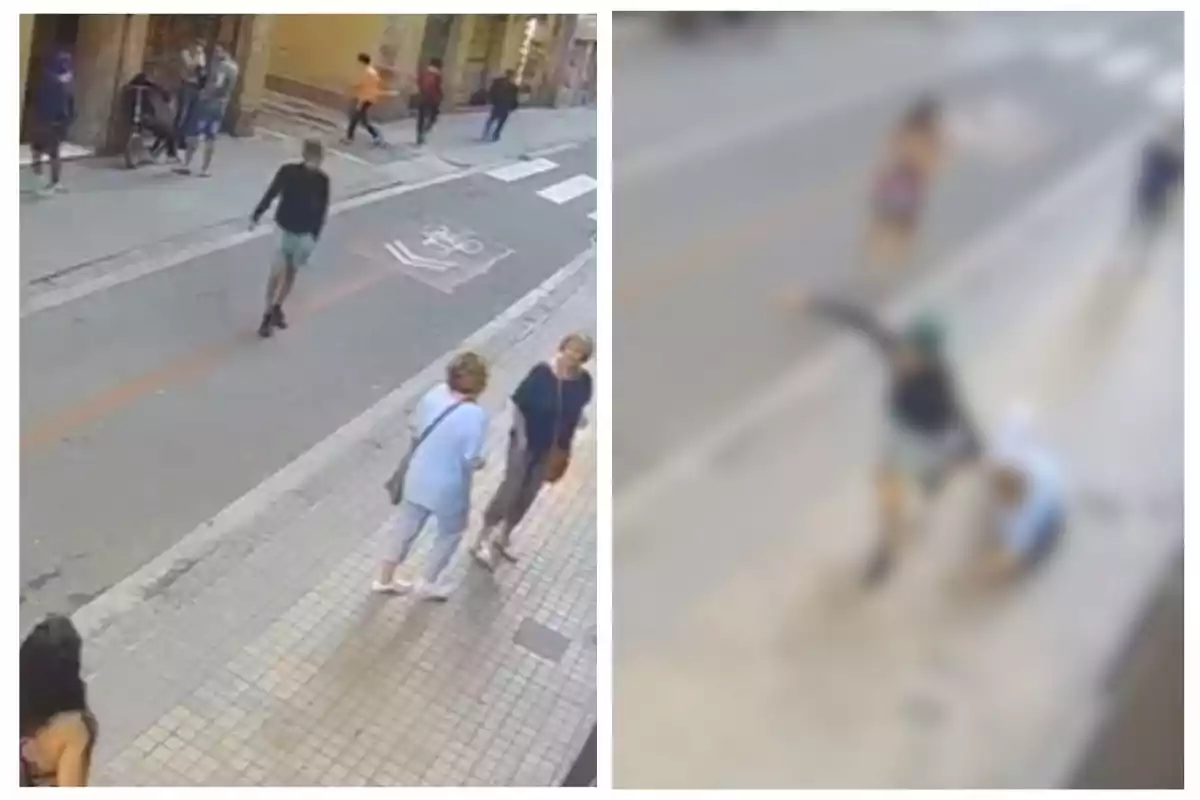 Dos imágenes de una calle, en la primera se ve a varias personas caminando y en la segunda se observa una escena borrosa de una persona en el suelo y otra de pie.